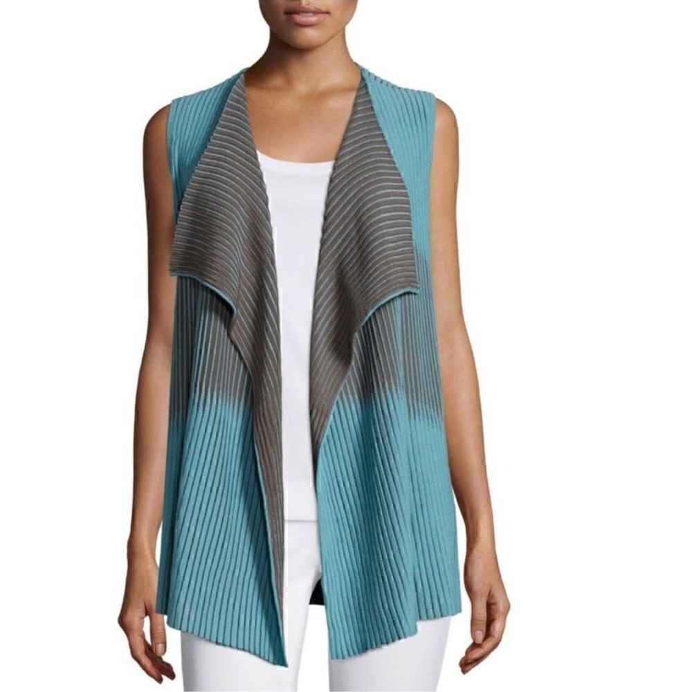 Lafayette 148 New York Bicolor Blue and Grey Pleat-Stitches Drape Front Sleevele